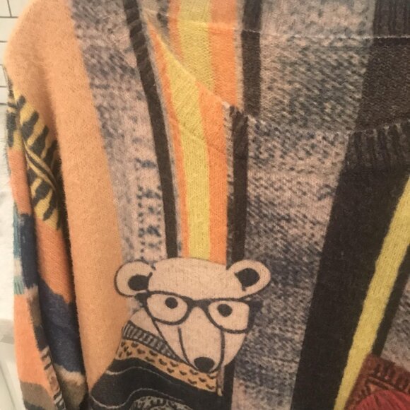 Yesno Bear Sweater Womens Large Abstract Print Wool Blend Artsy Loose Fit Boho - Picture 2 of 9